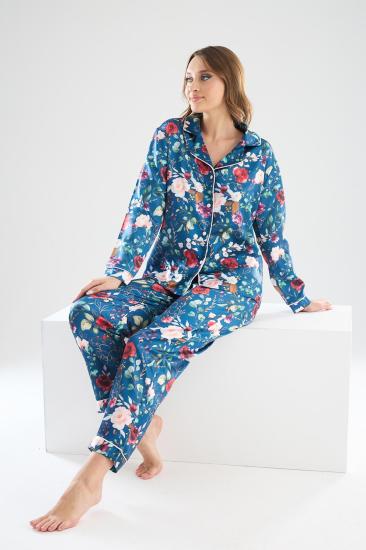 Perla Mavi İpek Saten Çiçek Desenli Kadın Pijama Takımı 8002MS