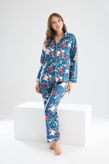 Perla Mavi İpek Saten Çiçek Desenli Kadın Pijama Takımı 8002MS