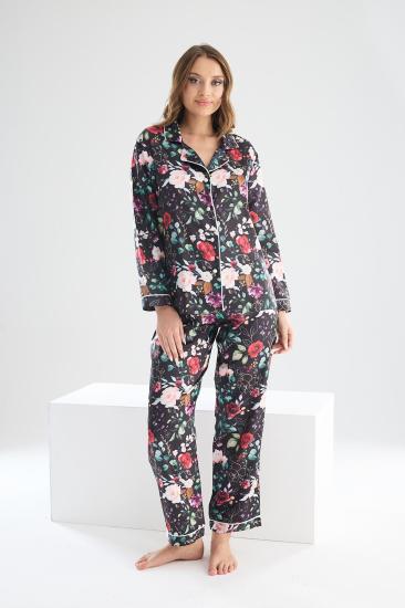 Perla Siyah İpek Saten Çiçek Desenli Kadın Pijama Takımı 8002MS