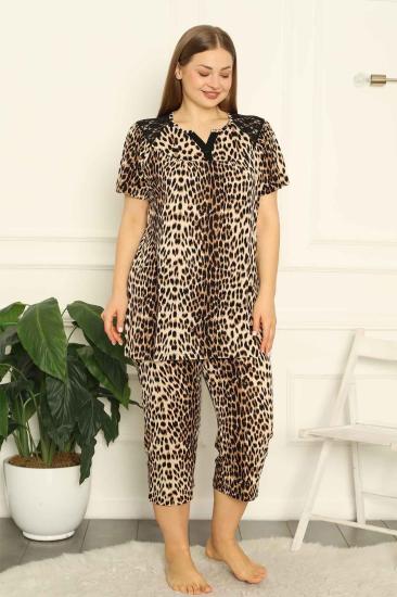 Kahverengi Leopar Büyük Beden Bermuda Bayan Pijama Takımı 2711BB