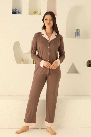 Kahverengi Küçük Puantiyeli Önden Düğmeli Bayan Pijama Takımı 2716UY