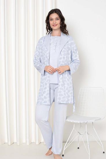 Mavi Sabahlıklı 3 lü Kutulu Kadın Pijama Takımı 2647
