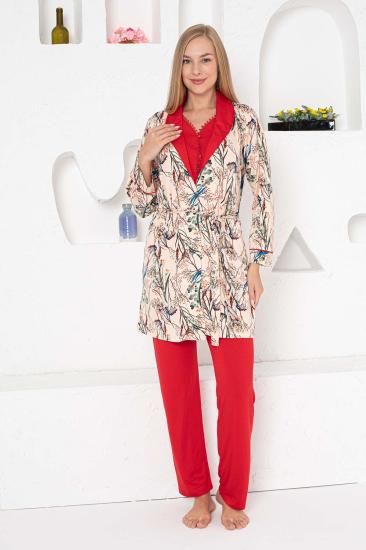 Kırmızı Sabahlıklı 3 lü Kutulu Kadın Pijama Takımı 2741