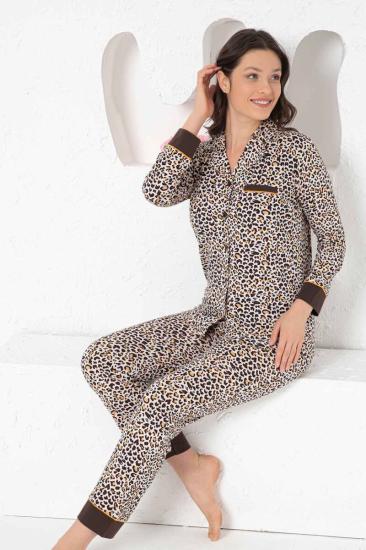 Leopar Desenli Kadife  Önden Düğmeli Pijama Takımı 2765UY