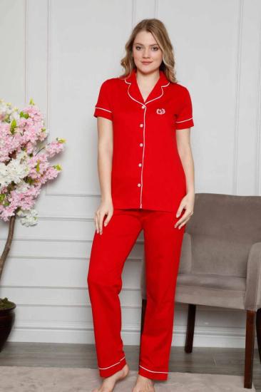 Kırmızı Önden Düğmeli Kısa Kollu Bayan Pijama Takımı 2577KY