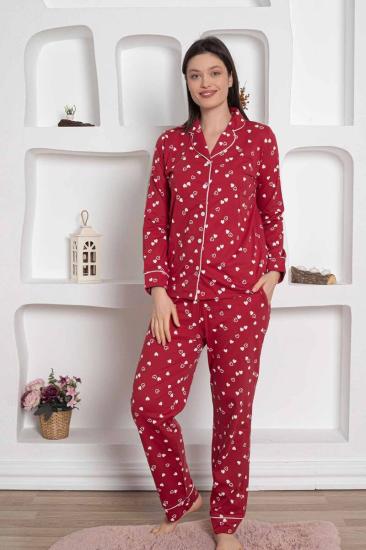 Bordo Önden Düğmeli Kalp Desenli Bayan Pijama Takımı 2785UY
