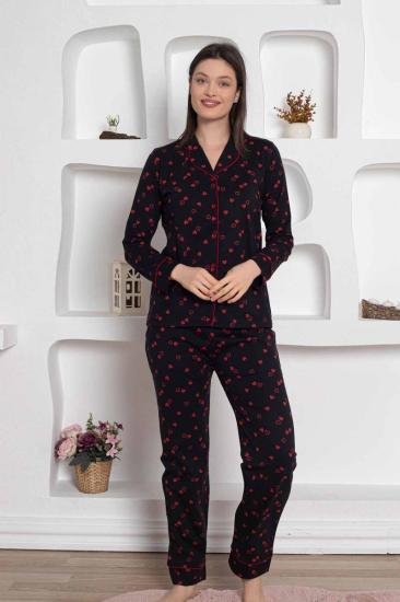 Siyah Önden Düğmeli Kalp Desenli Bayan Pijama Takımı 2785UY