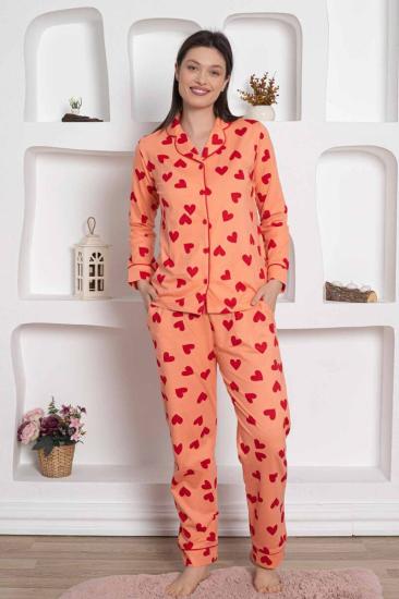Önden Düğmeli Kalp Desenli Bayan Pijama Takımı 2783UY