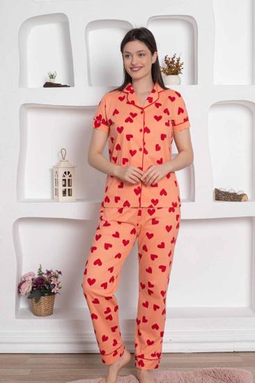 Önden Düğmeli Kalp Desenli Bayan Pijama Takımı 2783KY