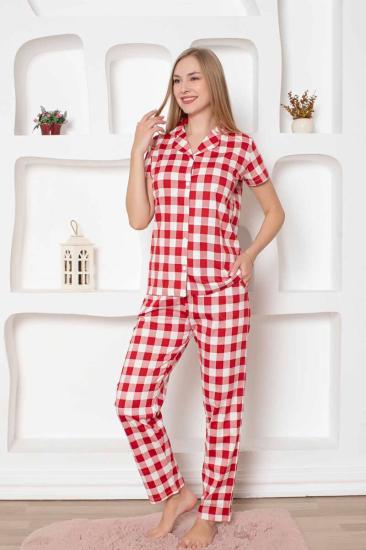 Kırmızı Kareli Önden Düğmeli Kısa Kollu Bayan Pijama Takımı 2793KY