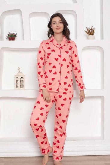 Pembe Önden Düğmeli Kalp Desenli Bayan Pijama Takımı 2783UY