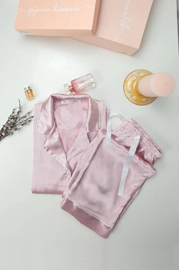 Pembe Saten Boydan Düğmeli Kadın Pijama Takımı 8004MS