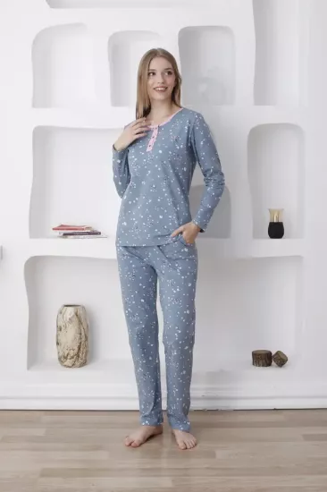 Çiçek desenli likralı penye uzun kollu kadın pijama takımı 2808UKL