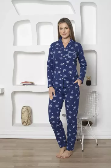 Boydan Düğmeli Kadın Pijama Takımı - Çiçek Desenli İndigo Likralı Penye 2811UKL