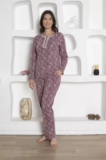 Çiçek Desenli Kadın Pijama Takımı - Likralı Penye Uzun Kollu 2809UKL