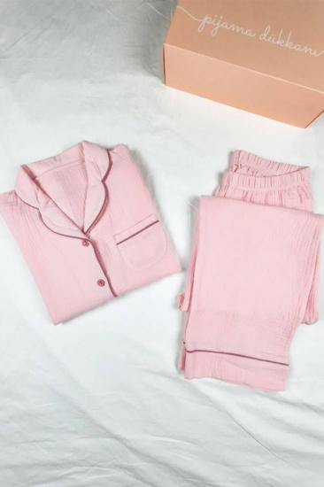 Krinkıl Boydan Düğmeli Kadın Pijama Takımı - Pembe müslin penye 2815UK