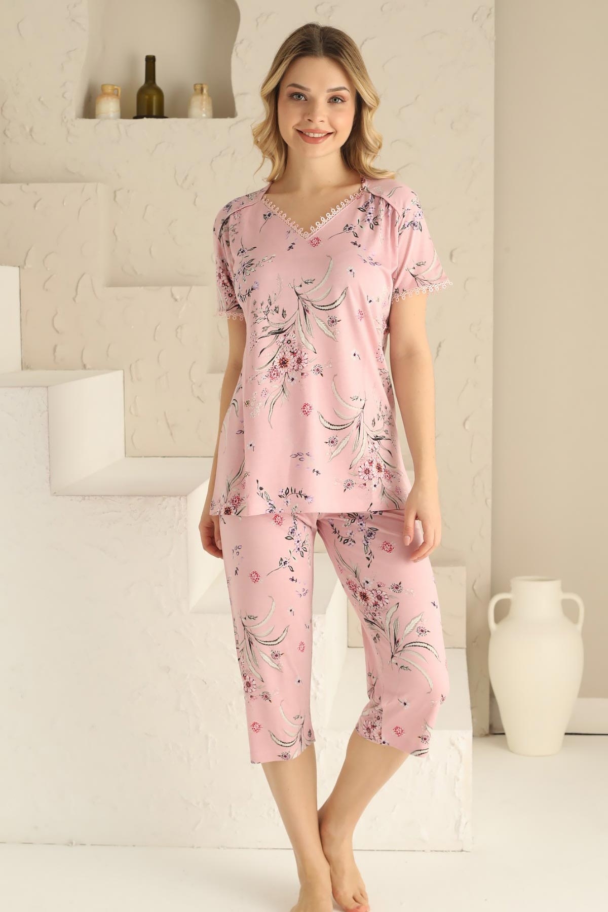 Pembe%20Bermuda%20Bayan%20Pijama%20Takımı%202704B