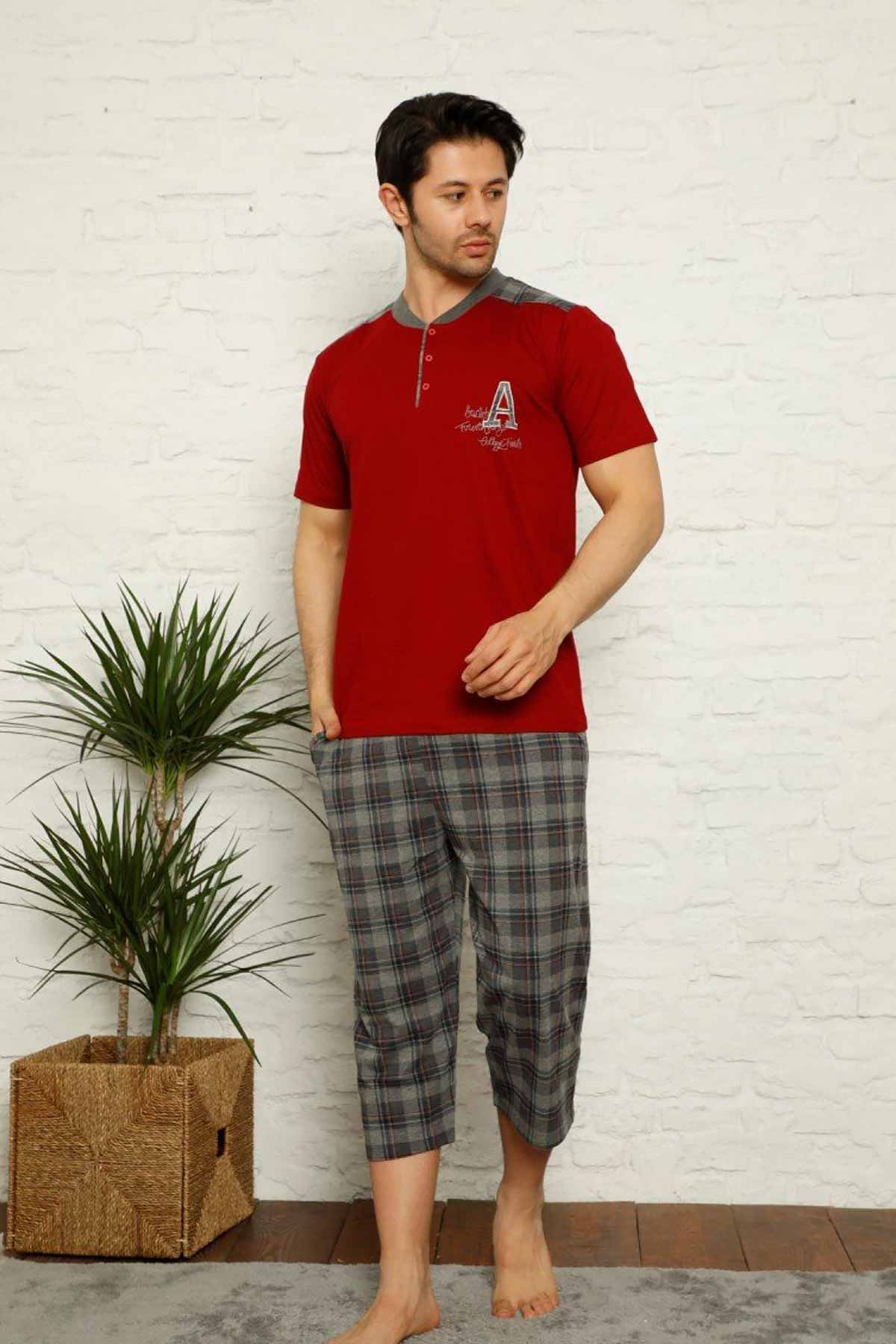 Bordo%20Ekoseli%20Kapri%20Penye%20Erkek%20Pijama%20Takımı%201153B