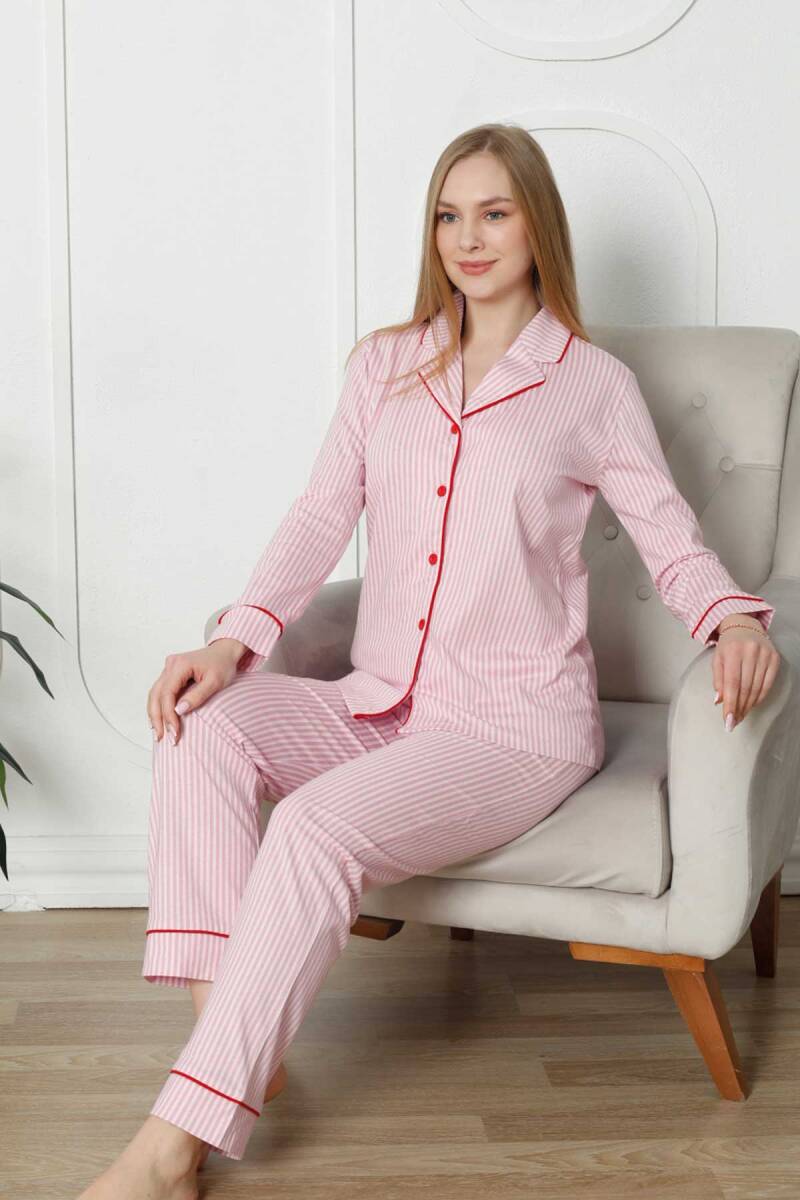 Pembe%20Çizgili%20%20Uzun%20Kollu%20Gömlek%20Pijama%20Takımı%202780UY