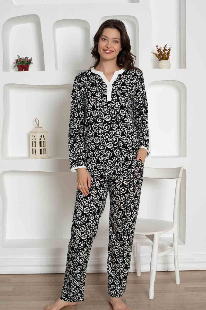 Siyah%20Çiçek%20Desenli%20Penye%20Bayan%20Pijama%20Takımı%202795UY