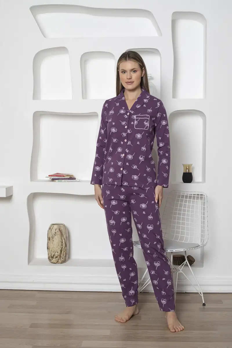 Boydan%20Düğmeli%20Kadın%20Pijama%20Takımı%20-%20Çiçek%20Desenli%20Mor%20Likralı%20Penye%202811UKL